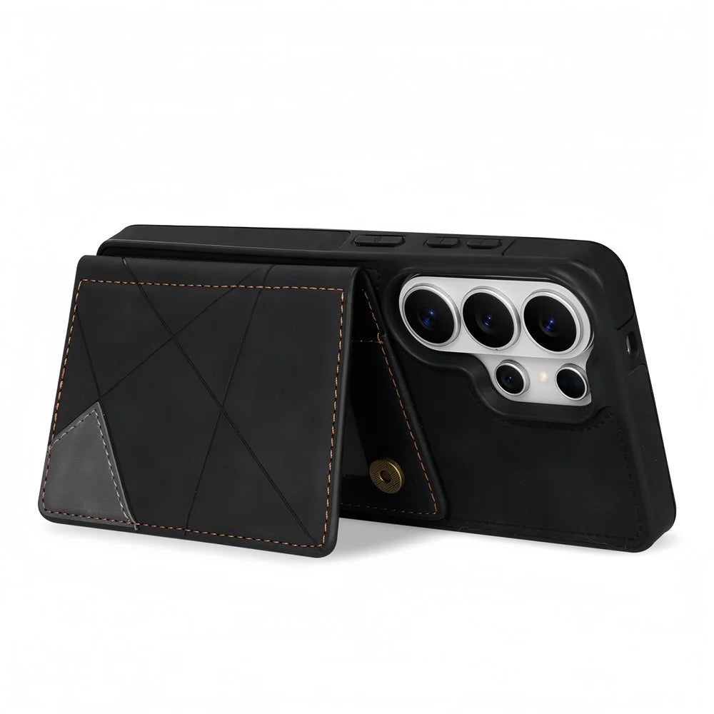 For Samsung Galaxy S26 Ultra Case Line Imprinted Color Splicing Leather Phone Cover - Black - 3