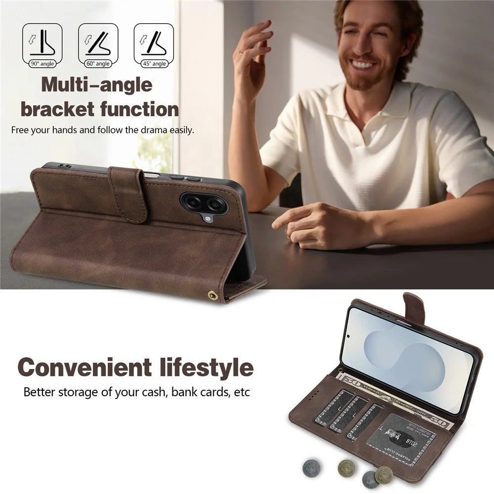 AZNS A2 for Samsung Galaxy A08 5G / A08 4G / A07 4G Leather Case with Wrist Strap RFID Blocking Wallet Stand Phone Cover - Brown - 5
