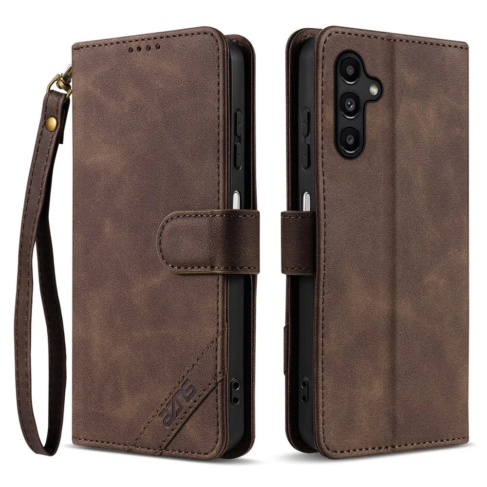 AZNS A2 for Samsung Galaxy A15 4G / A15 5G Leather Case with Wrist Strap RFID Blocking Wallet Stand Phone Cover - Brown - 1