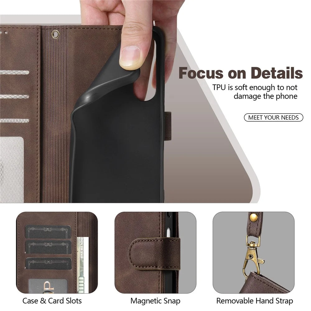 AZNS A2 for Samsung Galaxy A15 4G / A15 5G Leather Case with Wrist Strap RFID Blocking Wallet Stand Phone Cover - Brown - 6