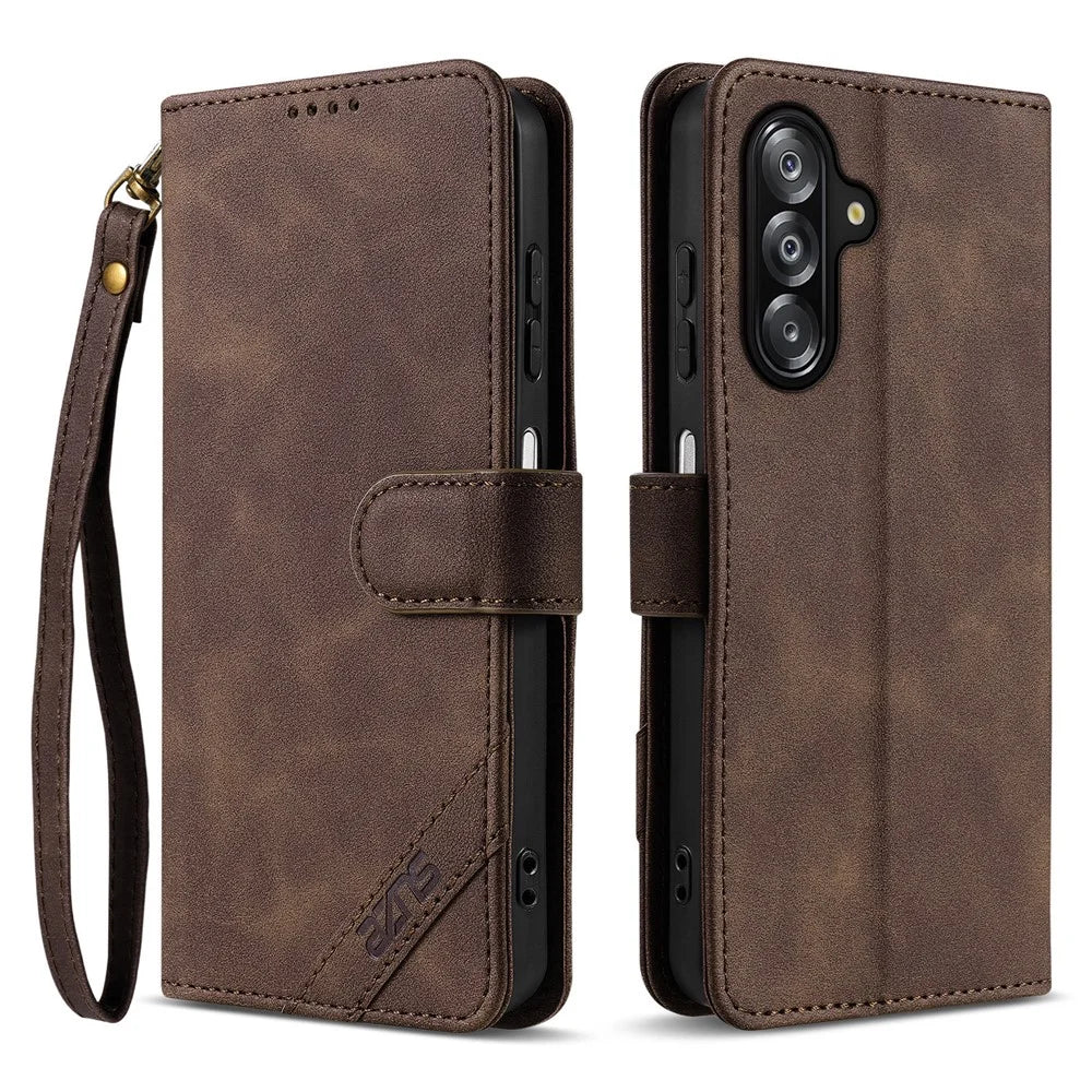AZNS A2 for Samsung Galaxy A18 5G / A18 4G / A17 5G / A17 4G Leather Case with Wrist Strap RFID Blocking Wallet Stand Phone Cover - Brown - 1