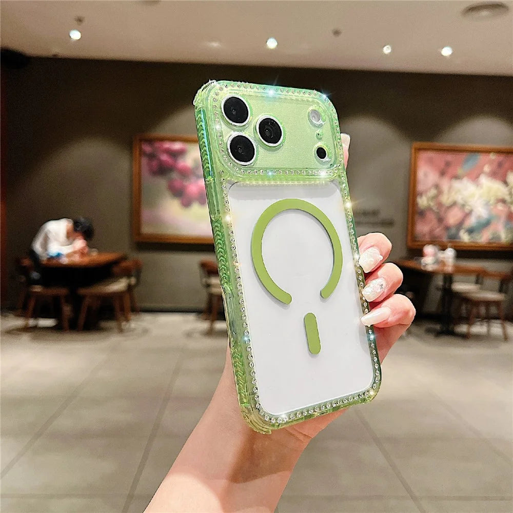 For iPhone 18 Pro Max / 17 Pro Max Magnetic Phone Case Sparkling Rhinestone Decor TPU + Acrylic Transparent Cover Compatible with MagSafe - Green - 1
