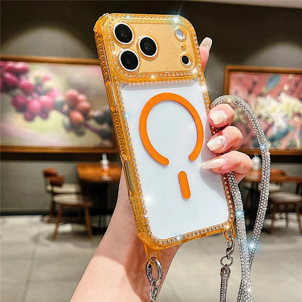 For iPhone 18 Pro Max / 17 Pro Max Magnetic Phone Case Sparkling Rhinestone Decor TPU + Acrylic Transparent Cover with Long Lanyard Compatible with MagSafe - Orange - 1