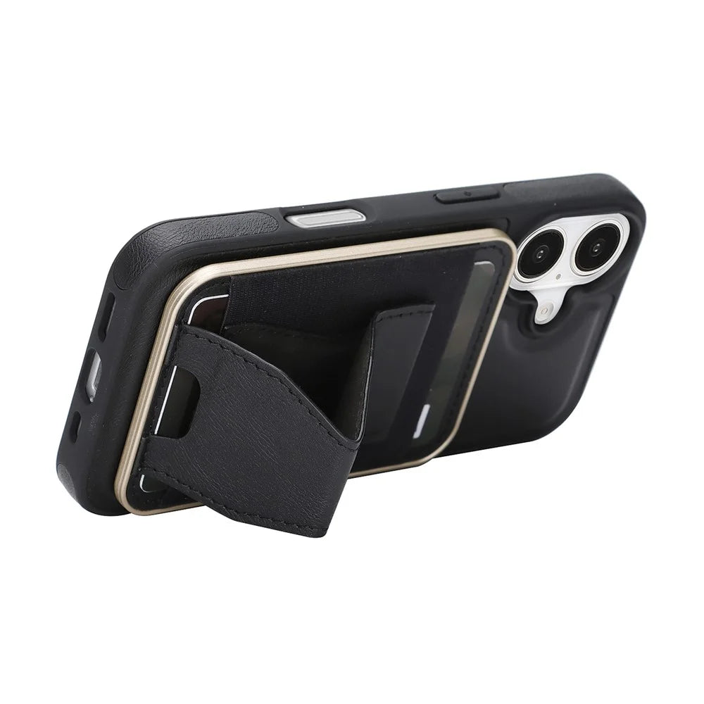 For iPhone 16 Magnetic Case with Detachable Card Holder Kickstand TPU + PU Back Cover Compatible with MagSafe - Black - 3