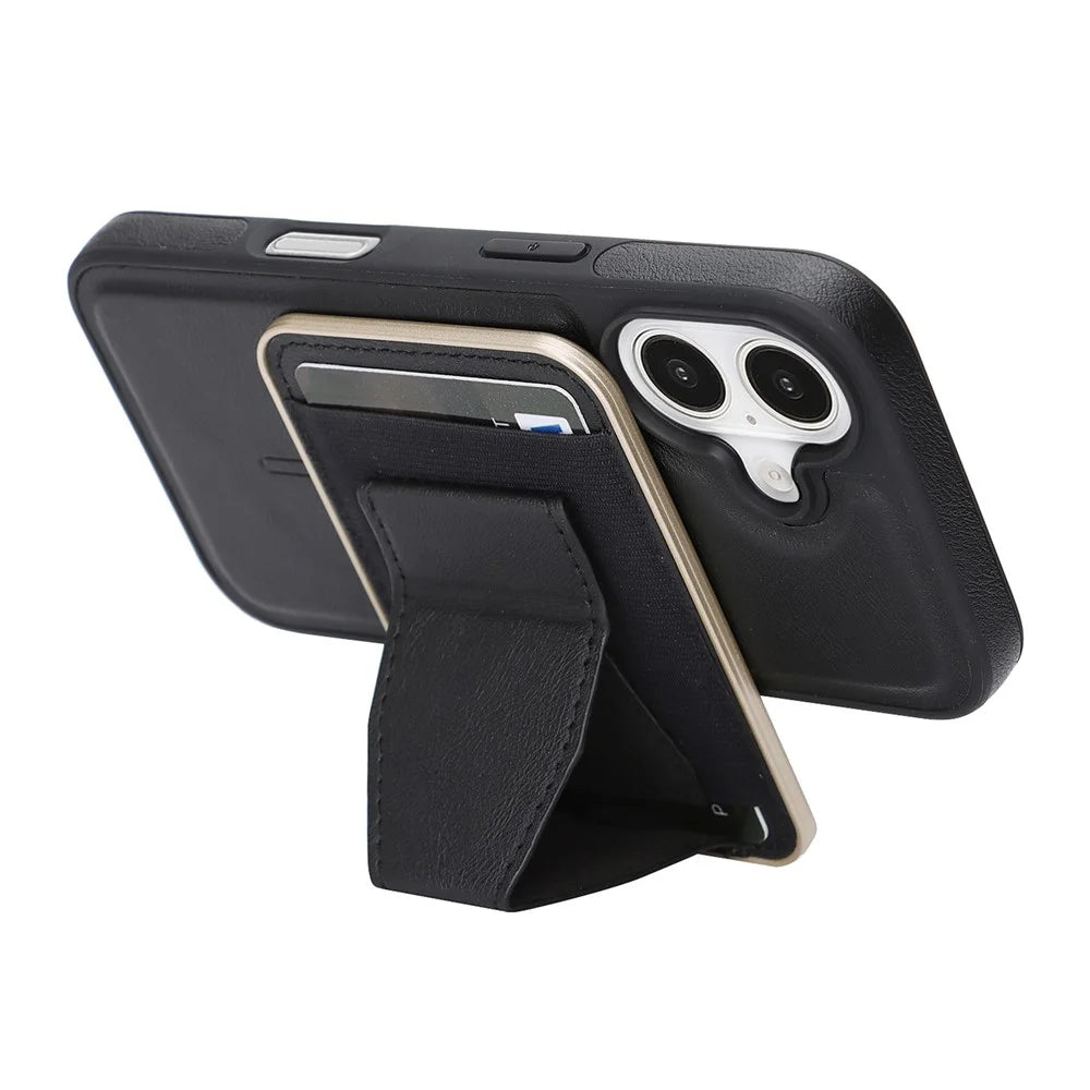 For iPhone 16 Magnetic Case with Detachable Card Holder Kickstand TPU + PU Back Cover Compatible with MagSafe - Black - 4