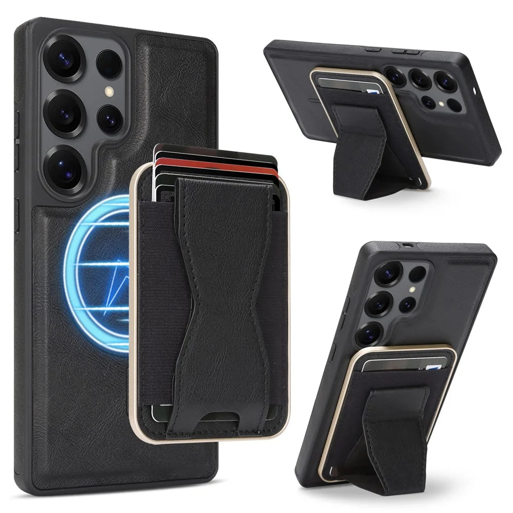 For Samsung Galaxy S26 Ultra Magnetic Case with Detachable Card Holder Kickstand TPU + PU Back Cover Compatible with MagSafe - Black - 1
