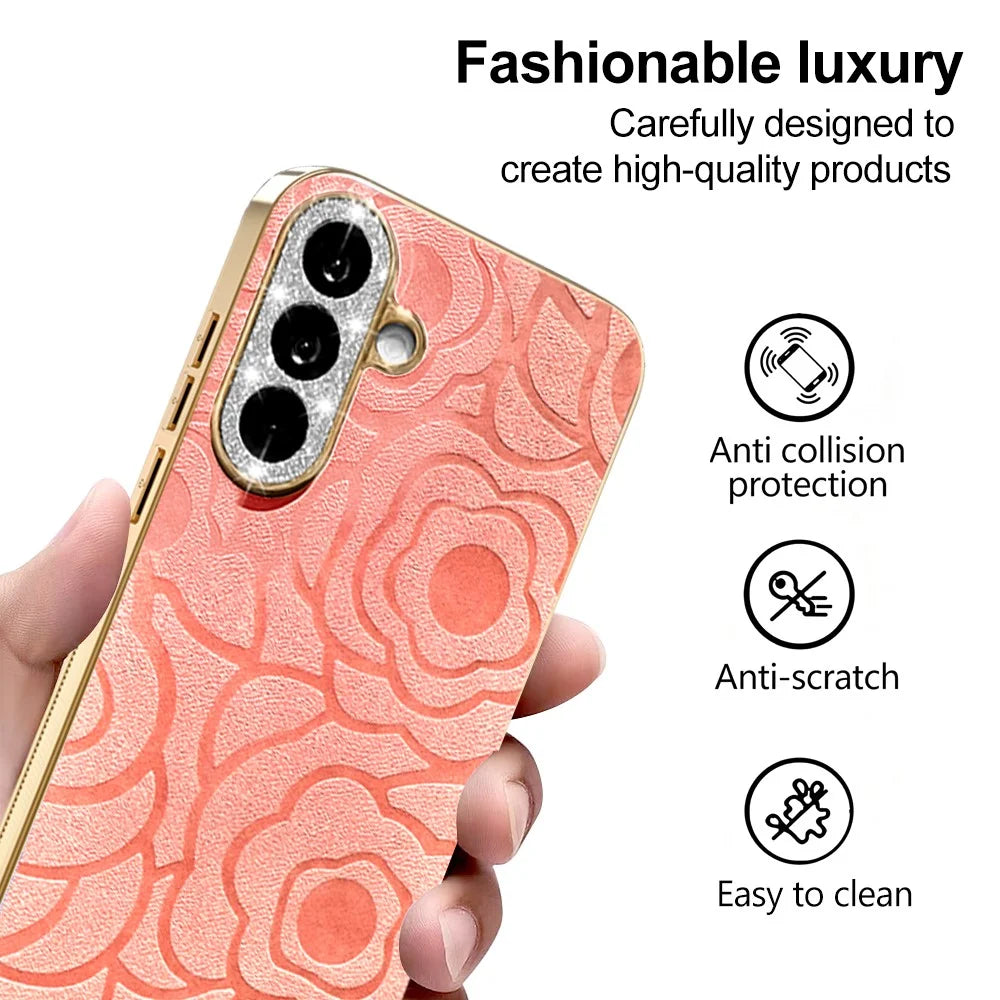 For Samsung Galaxy A56 5G Case Camellia Embossed Glitter Camera Ring PU Leather Cover with 15cm Pearl Strap - Pink - 4