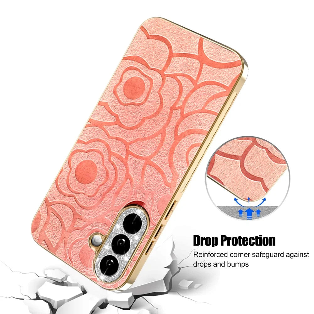 For Samsung Galaxy A56 5G Case Camellia Embossed Glitter Camera Ring PU Leather Cover with 15cm Pearl Strap - Pink - 5