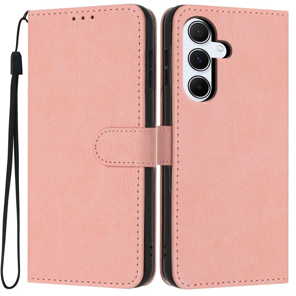 For Samsung Galaxy A05s 4G Wallet Case Litchi Texture Leather Flip Cover with Card Slots and Hand Strap - Pink - 1