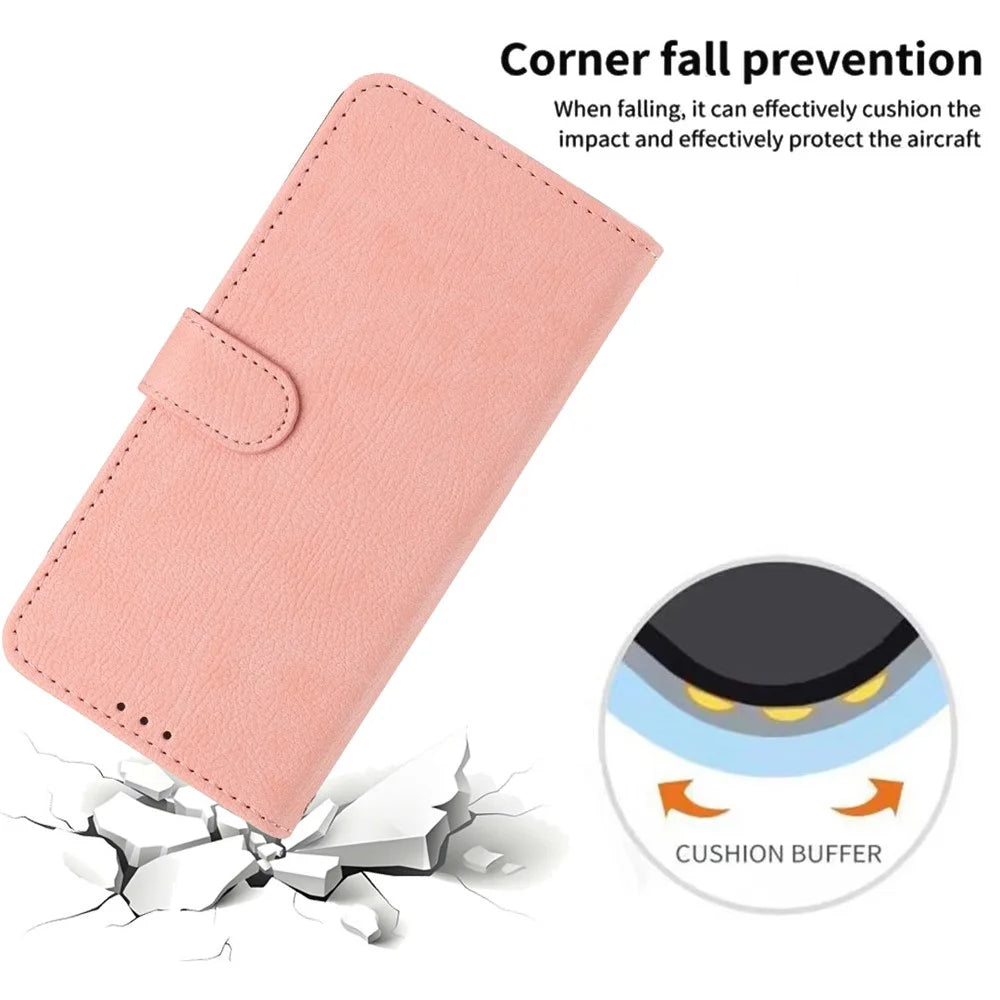 For Samsung Galaxy A05s 4G Wallet Case Litchi Texture Leather Flip Cover with Card Slots and Hand Strap - Pink - 5