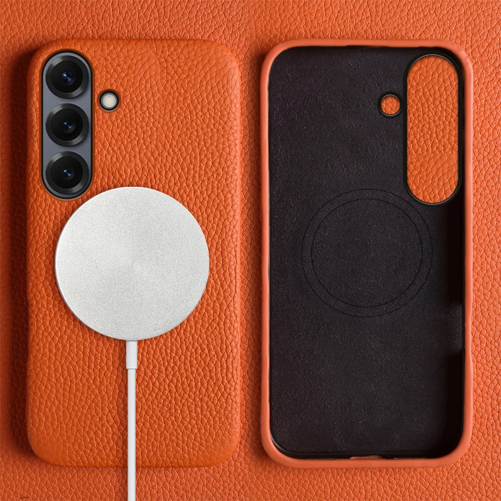 For Samsung Galaxy A18 5G / A18 4G / A17 5G / A17 4G Magnetic Case Litchi Texture Genuine Cow Leather + PC Phone Cover - Orange - 2