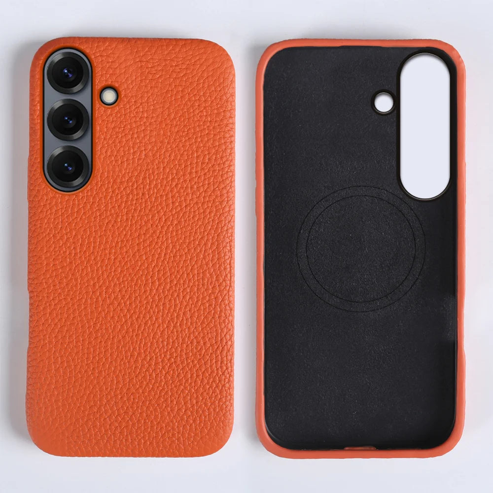 For Samsung Galaxy S25+ Magnetic Case Litchi Texture Genuine Cow Leather + PC Phone Cover - Orange - 1
