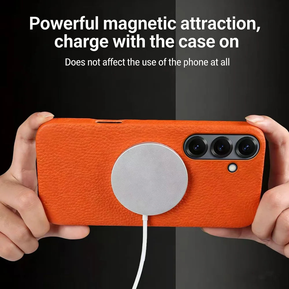 For Samsung Galaxy S24+ Magnetic Case Litchi Texture Genuine Cow Leather + PC Phone Cover - Orange - 4