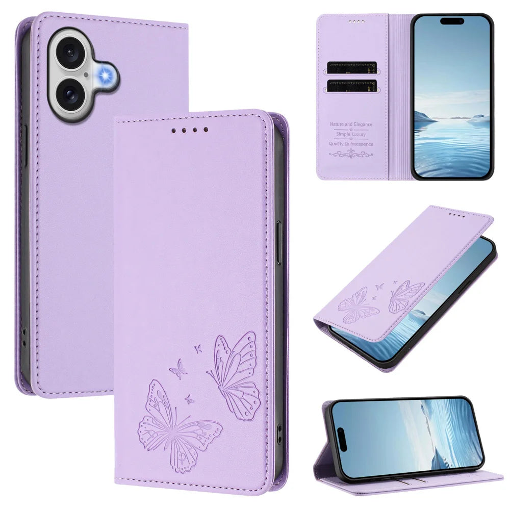 For iPhone 17e / iPhone 17 Wallet Case RFID Blocking Butterfly Imprinted Magnetic Flip Leather Cover - Light Purple - 2