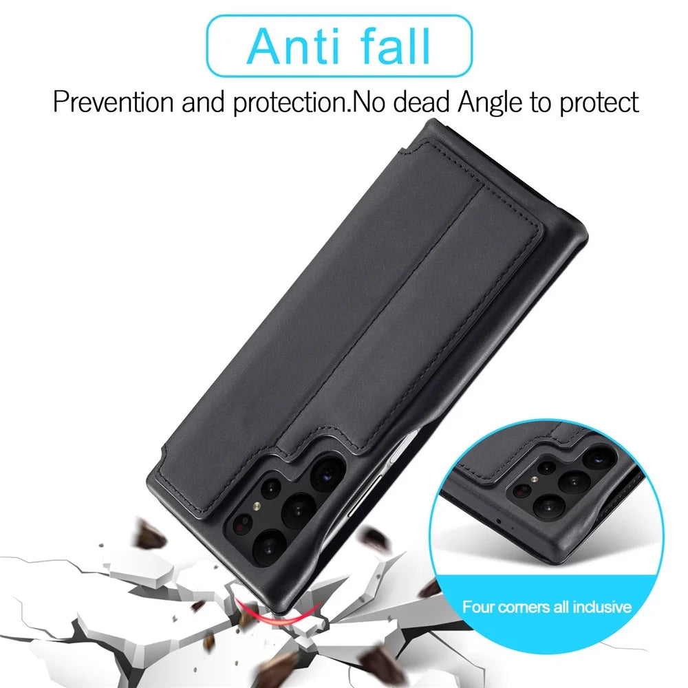 LC.IMEEKE For Samsung Galaxy S23 Ultra PU Leather Shockproof Cover Phone Stand Case with Card Slot - Black - 4