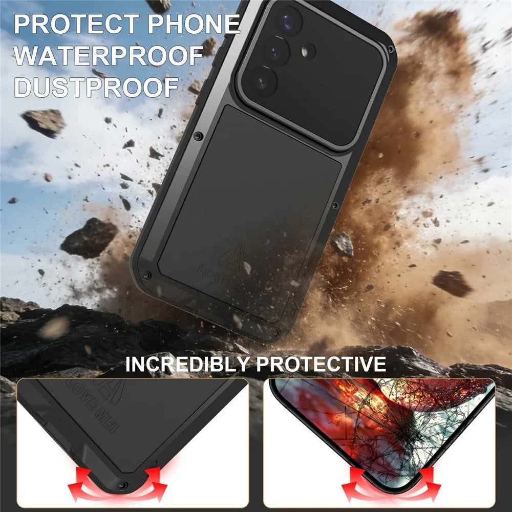LOVE MEI For Samsung Galaxy S26 Case Metal + Silicone Full Body Phone Cover with Tempered Glass Film - Black - 2