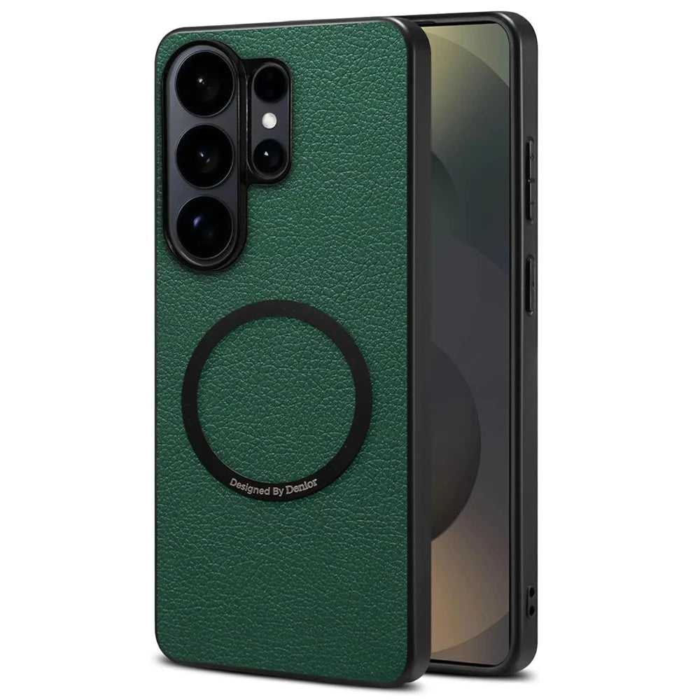 DENIOR A08+1 For Samsung Galaxy S26 Ultra Magnetic Case Calf Texture Leather + PC + TPU Phone Cover - Green - 1