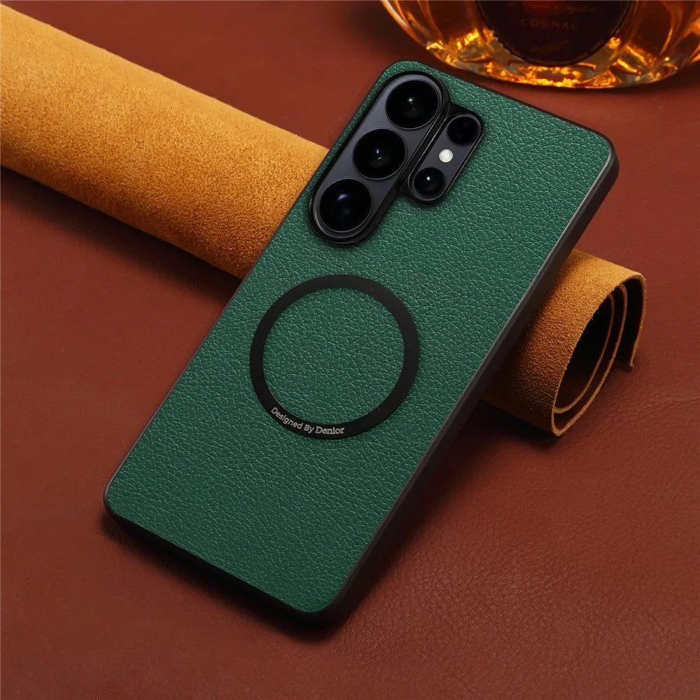 DENIOR A08+1 For Samsung Galaxy S26 Ultra Magnetic Case Calf Texture Leather + PC + TPU Phone Cover - Green - 7