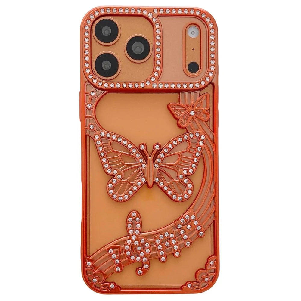 For iPhone 17 Pro Max Case Butterfly Rhinestone 3D Relief Hollow Design TPU Shockproof Cover - Orange - 1