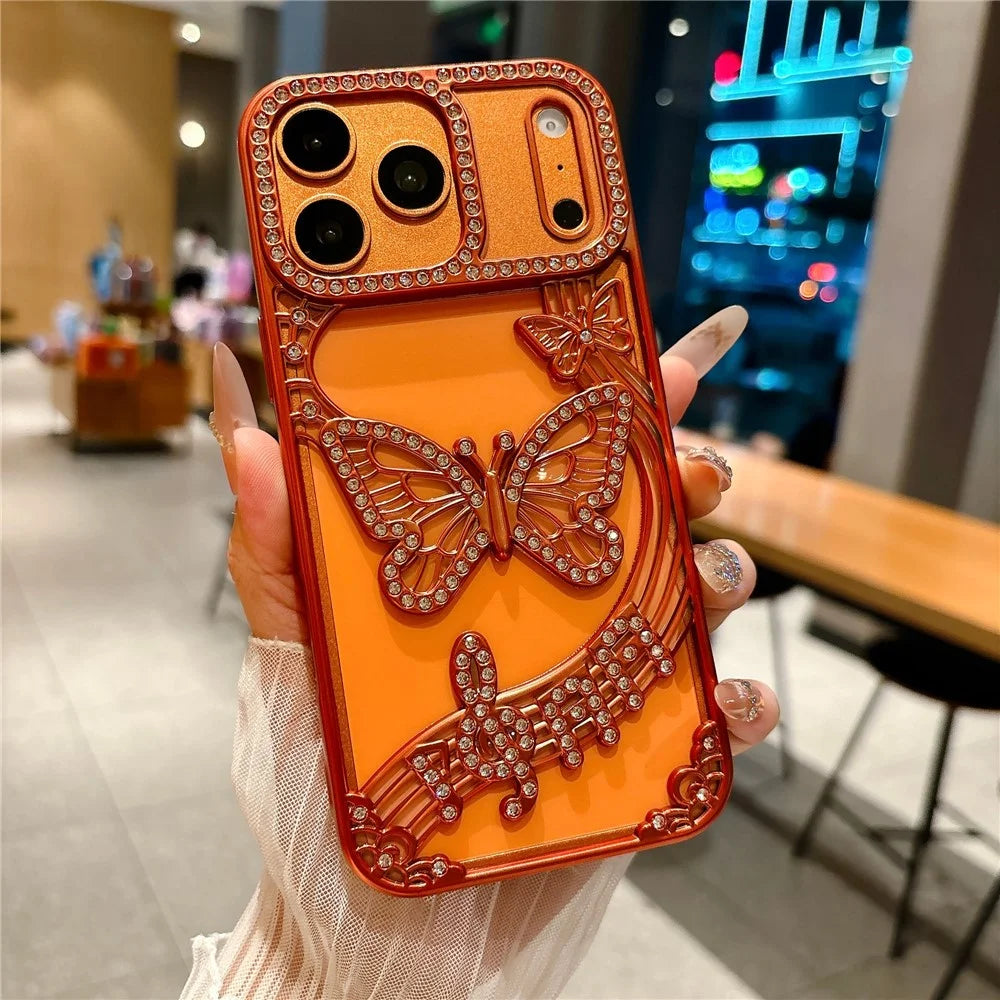 For iPhone 17 Pro Max Case Butterfly Rhinestone 3D Relief Hollow Design TPU Shockproof Cover - Orange - 2