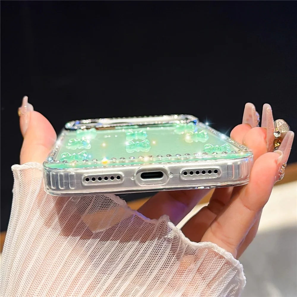 For iPhone 18 Pro Max / 17 Pro Max Case Rhinestone Aurora Butterfly Bow Glitter TPU + PC IMD Phone Cover - Glitter Light Green - 3
