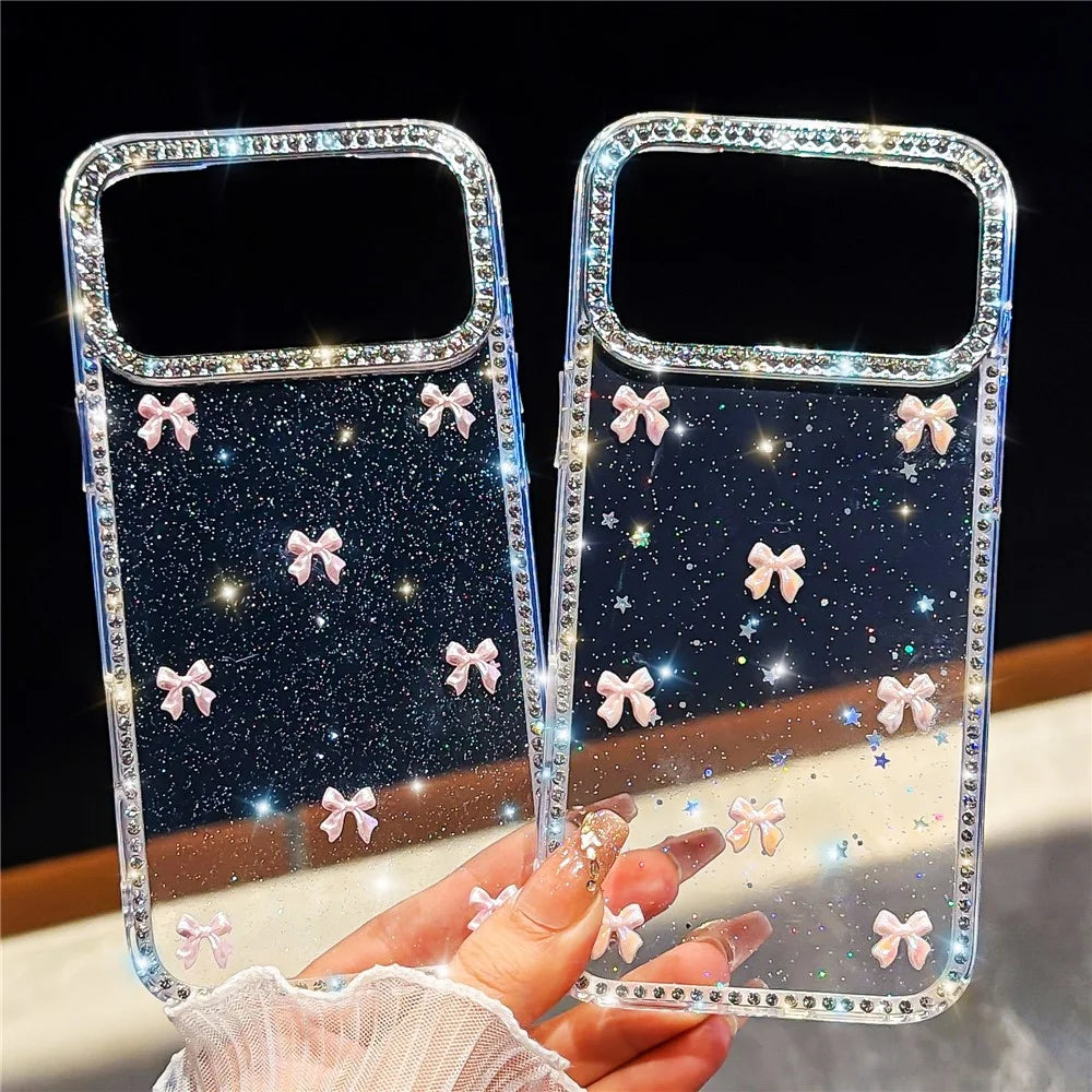 For iPhone 18 Pro Max / 17 Pro Max Case Rhinestone Aurora Butterfly Bow Glitter TPU + PC IMD Phone Cover - Glitter Light Green - 6
