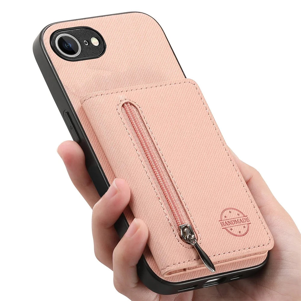 Phone Case For iPhone 17e  /  16e Zipper Card Holder Kickstand Jeans Cloth Texture Leather Back Cover - Pink - 7