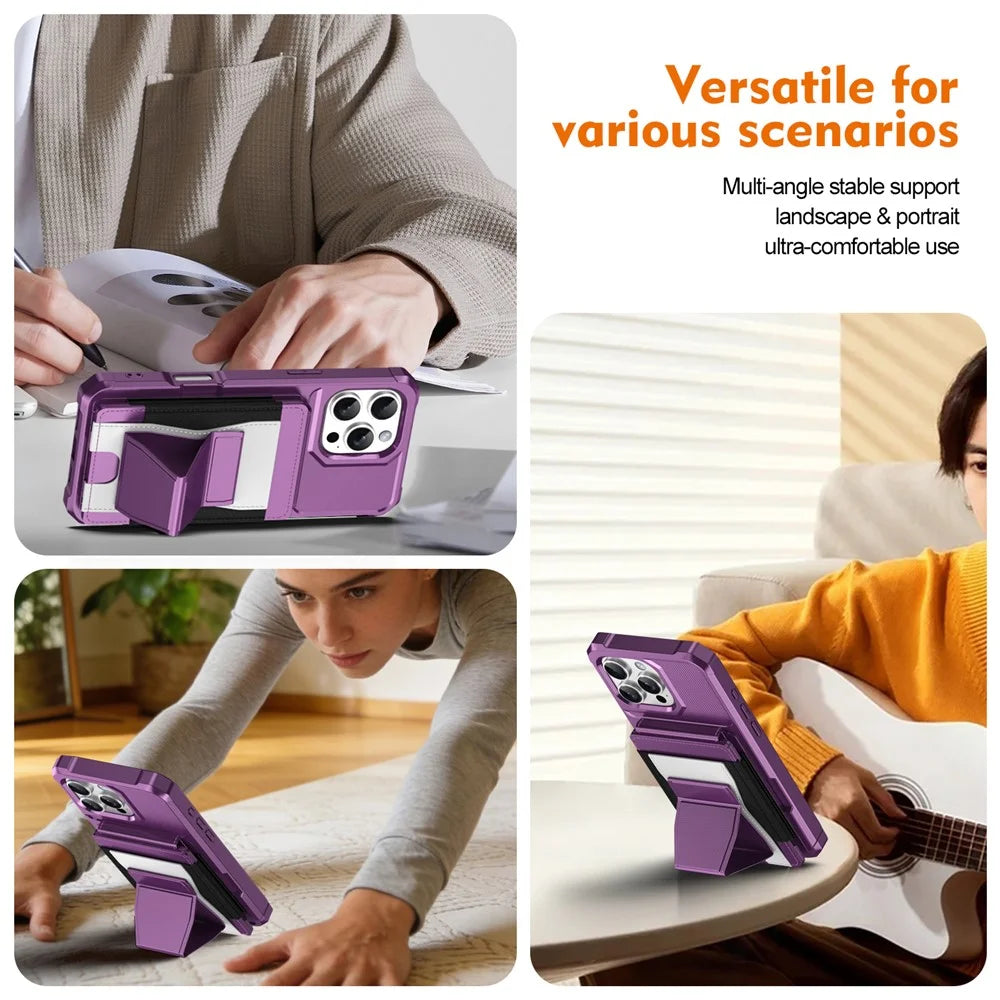 For iPhone 16 Pro Case Elastic Band Card Holder Leather + TPU Kickstand Phone Cover - Purple - 3