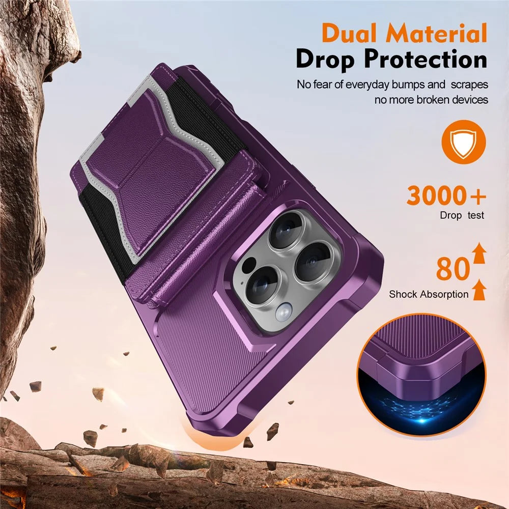 For iPhone 16 Pro Case Elastic Band Card Holder Leather + TPU Kickstand Phone Cover - Purple - 5