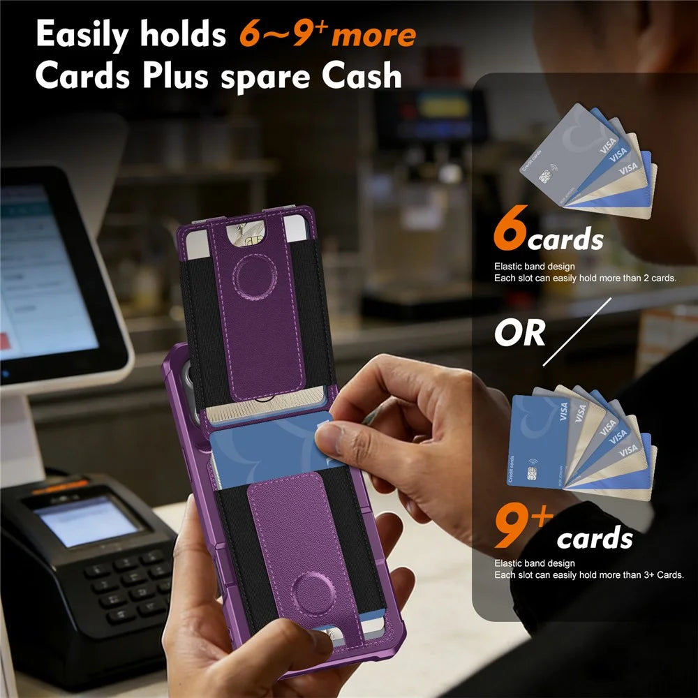 For iPhone 16 Pro Case Elastic Band Card Holder Leather + TPU Kickstand Phone Cover - Purple - 6