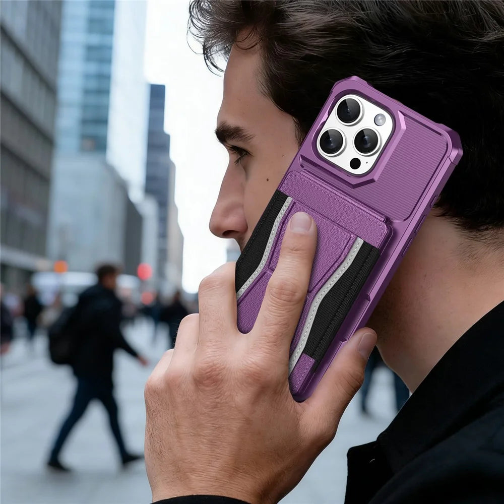 For iPhone 16 Pro Case Elastic Band Card Holder Leather + TPU Kickstand Phone Cover - Purple - 7