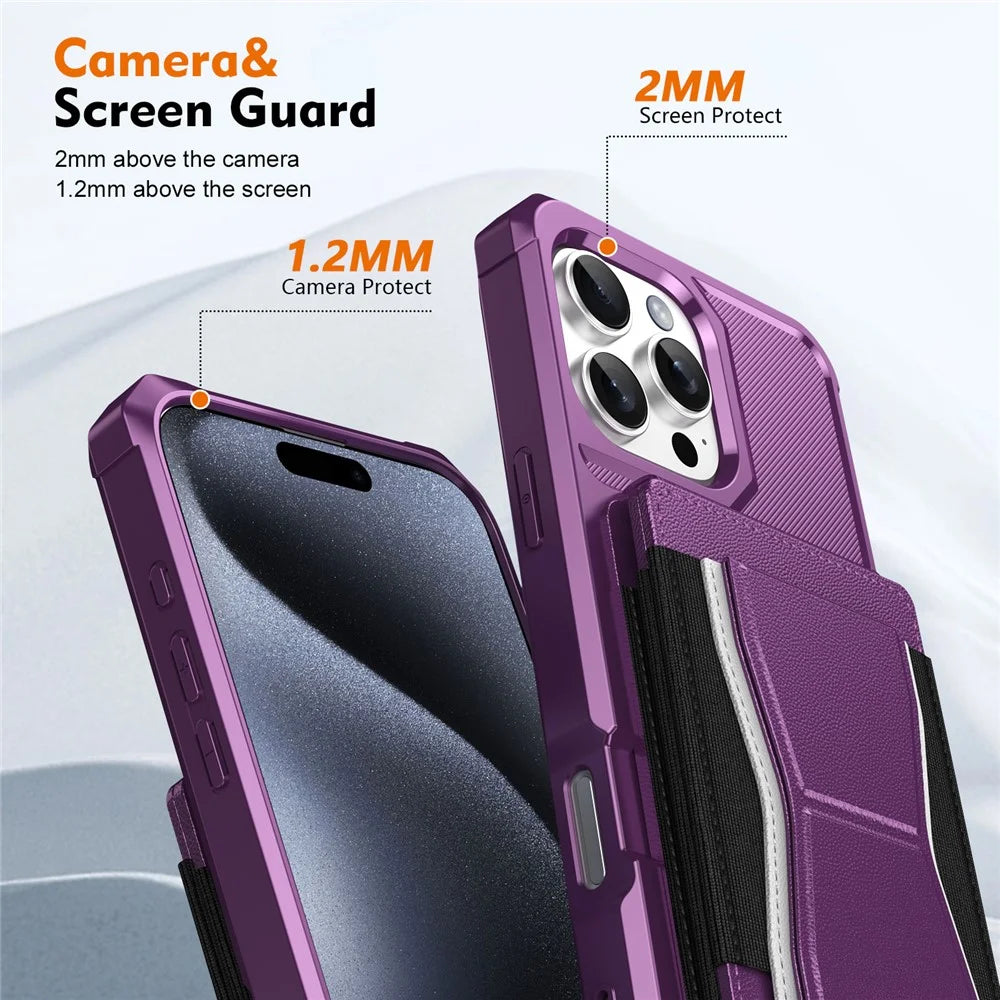 For iPhone 16 Pro Max Case Elastic Band Card Holder Leather + TPU Kickstand Phone Cover - Purple - 4