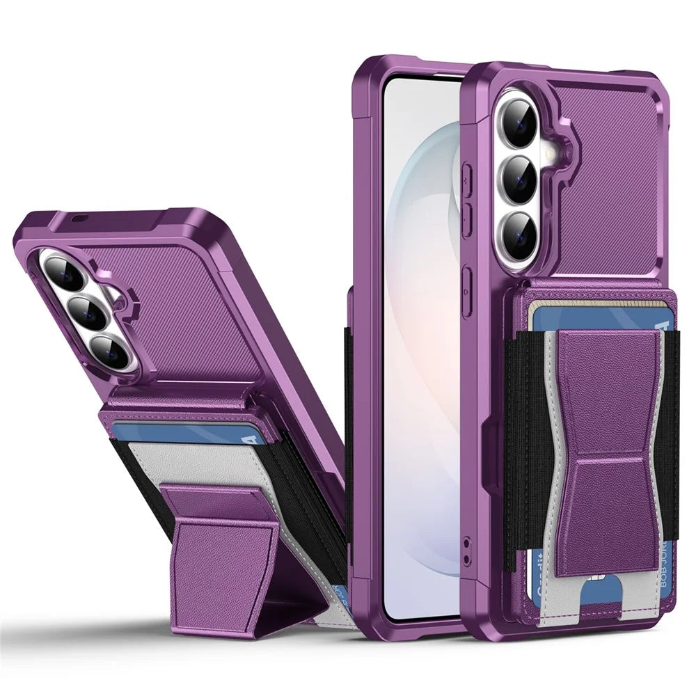 For Samsung Galaxy A57 5G Case Elastic Band Card Holder Leather + TPU Kickstand Phone Cover - Purple - 1