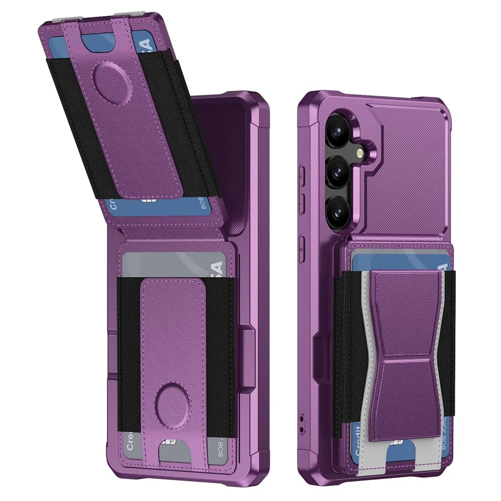 For Samsung Galaxy S25+ / S24+ Ultra Case Elastic Band Card Holder Leather + TPU Kickstand Phone Cover - Purple - 2