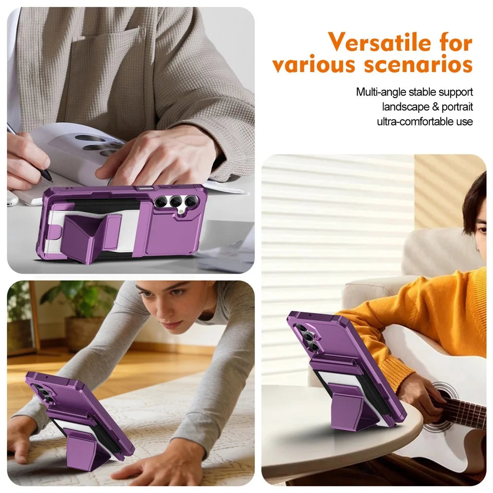 For Samsung Galaxy S25 FE Case Elastic Band Card Holder Leather + TPU Kickstand Phone Cover - Purple - 3