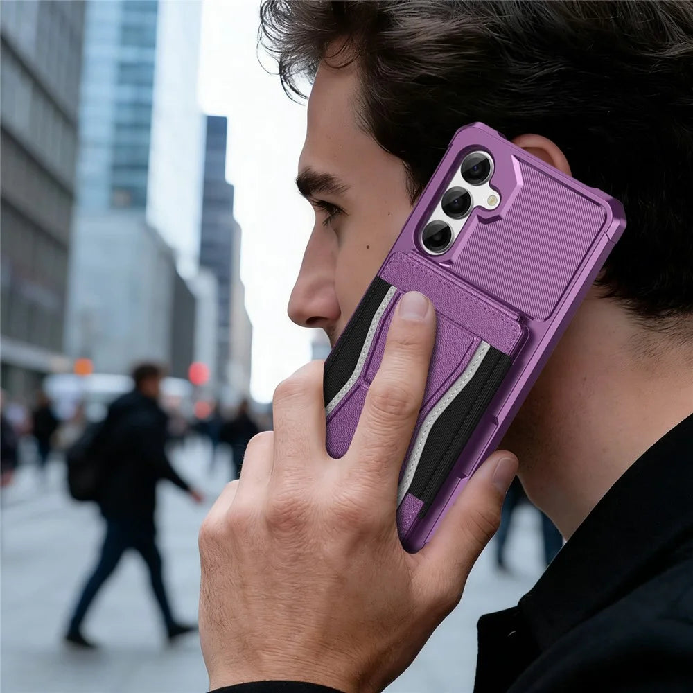 For Samsung Galaxy S25 FE Case Elastic Band Card Holder Leather + TPU Kickstand Phone Cover - Purple - 7