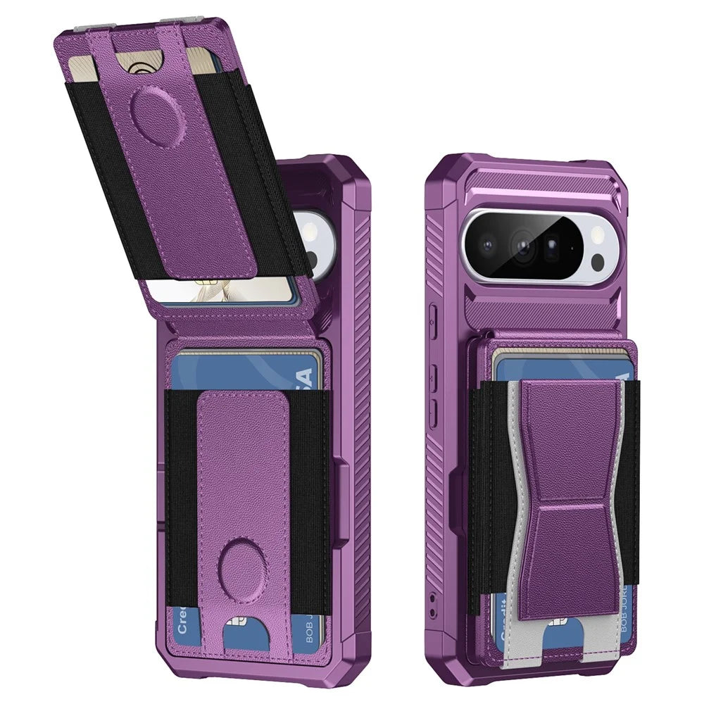 For Google Pixel 10 Pro XL Case Elastic Band Card Holder Leather + TPU Kickstand Phone Cover - Purple - 2