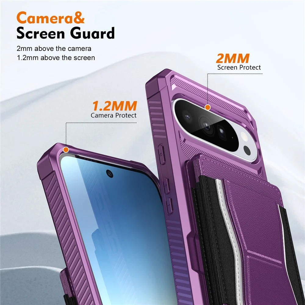 For Google Pixel 10 Pro XL Case Elastic Band Card Holder Leather + TPU Kickstand Phone Cover - Purple - 4