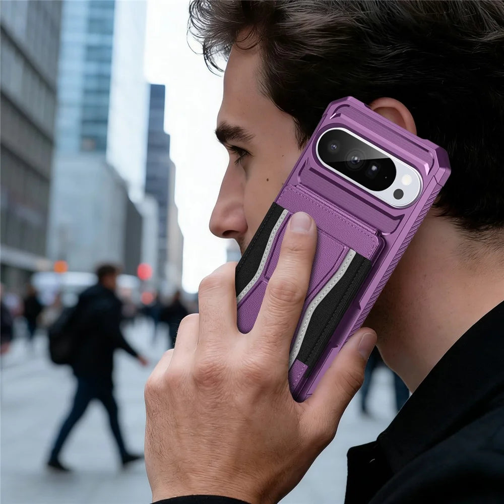 For Google Pixel 10 Pro XL Case Elastic Band Card Holder Leather + TPU Kickstand Phone Cover - Purple - 7
