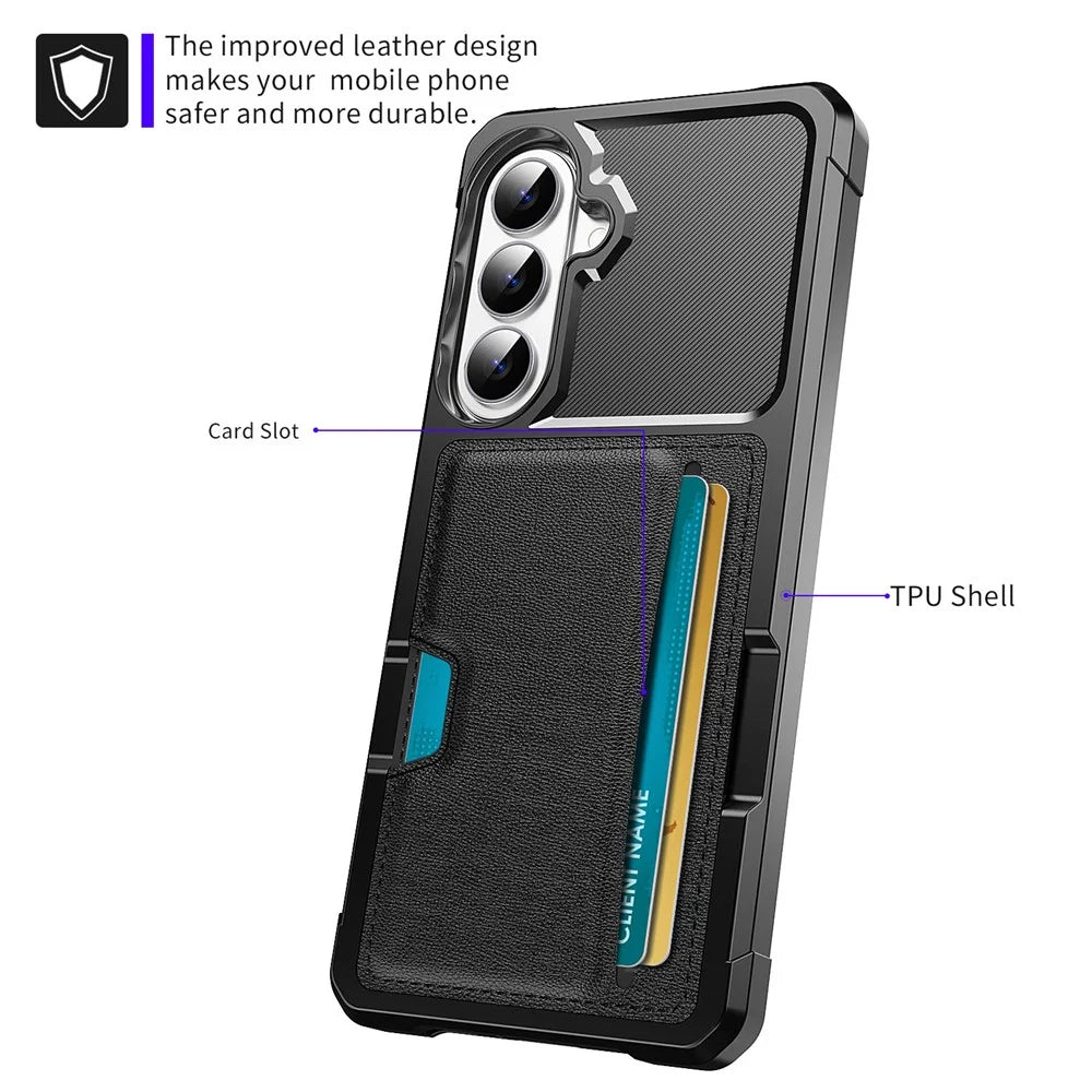 For Samsung Galaxy A57 5G Case Card Slot Leather + TPU Defender Phone Cover - Black - 3