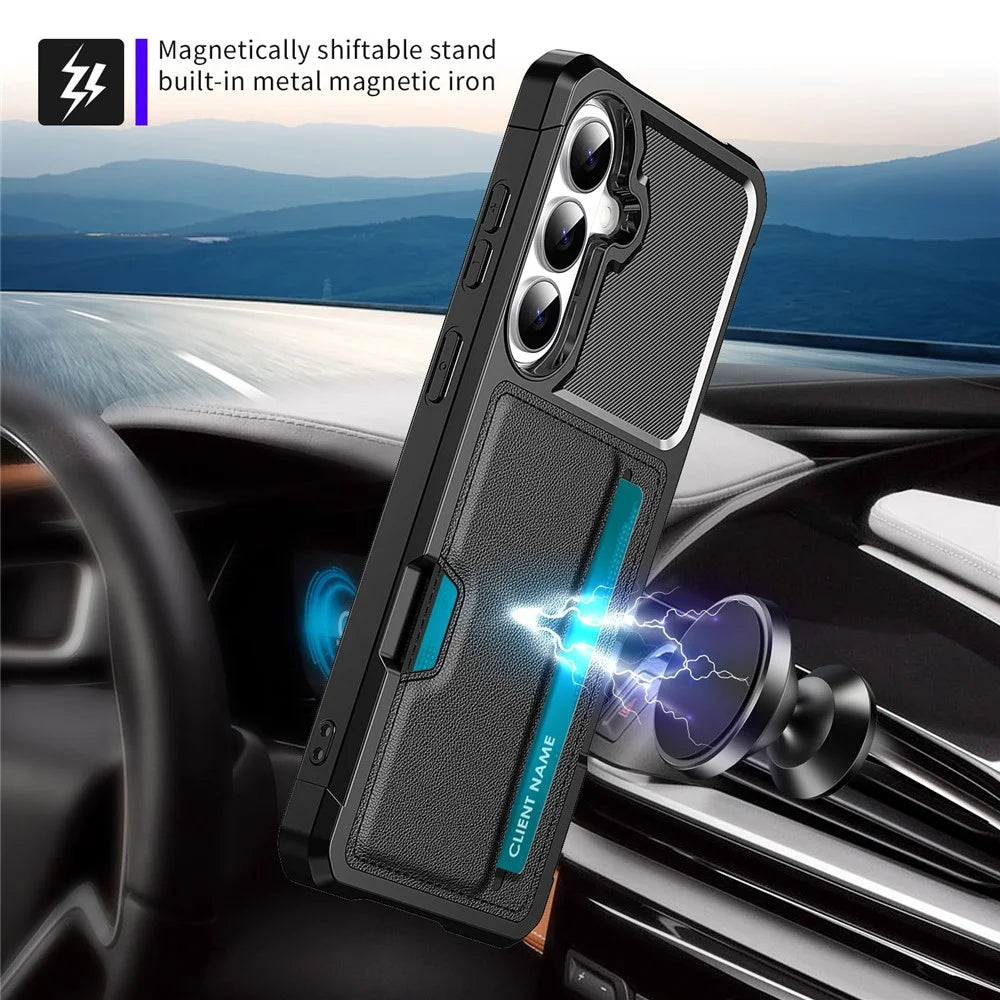 For Samsung Galaxy A57 5G Case Card Slot Leather + TPU Defender Phone Cover - Black - 6