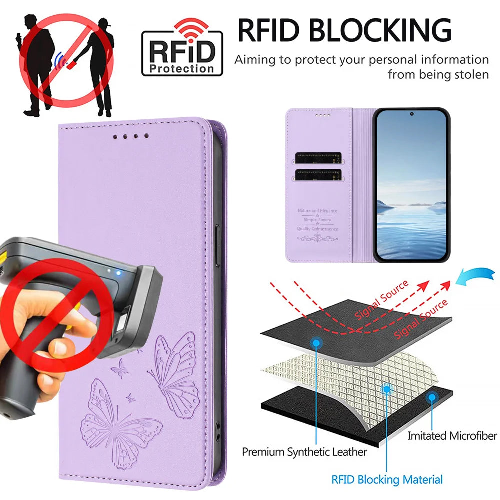 For Samsung Galaxy S24 / Galaxy S25 Wallet Case RFID Blocking Butterfly Imprinted Magnetic Flip Leather Cover - Light Purple - 5