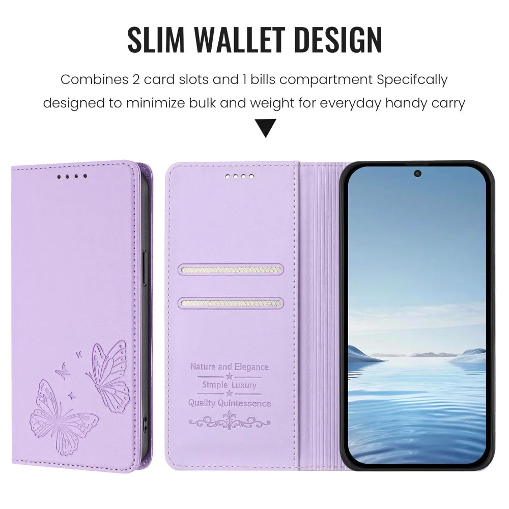 For Samsung Galaxy S24 / Galaxy S25 Wallet Case RFID Blocking Butterfly Imprinted Magnetic Flip Leather Cover - Light Purple - 7