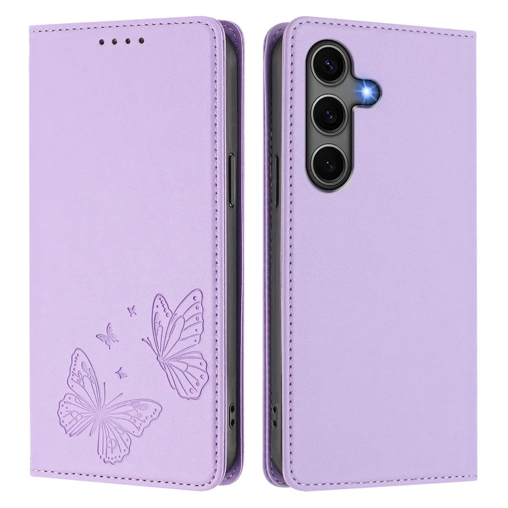For Samsung Galaxy S24+ / Galaxy S25+ Wallet Case RFID Blocking Butterfly Imprinted Magnetic Flip Leather Cover - Light Purple - 1