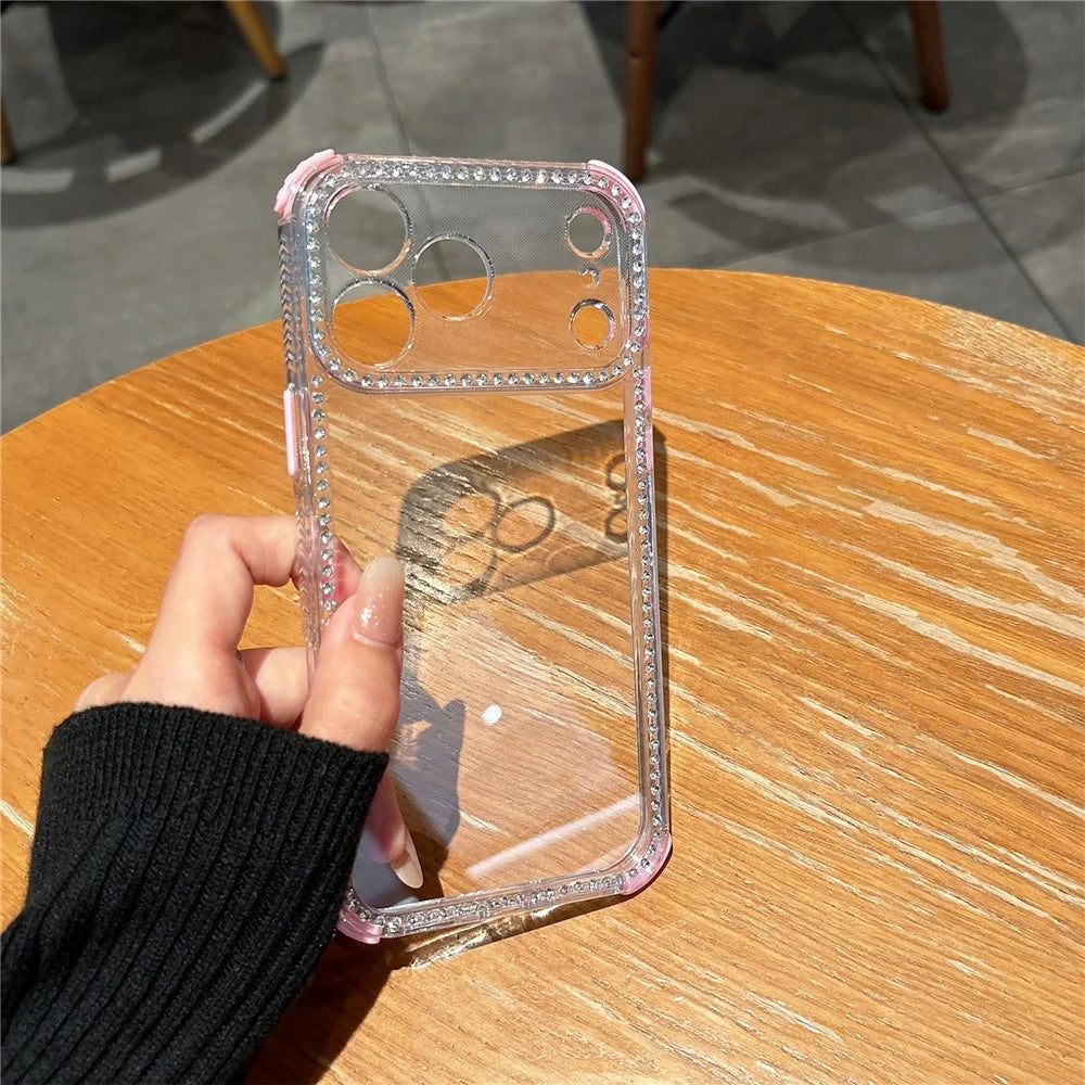 For iPhone 18 Pro / 17 Pro Clear Phone Case with Crystal Rhinestone Decor Transparent PC TPU Shockproof Cover - Black - 2