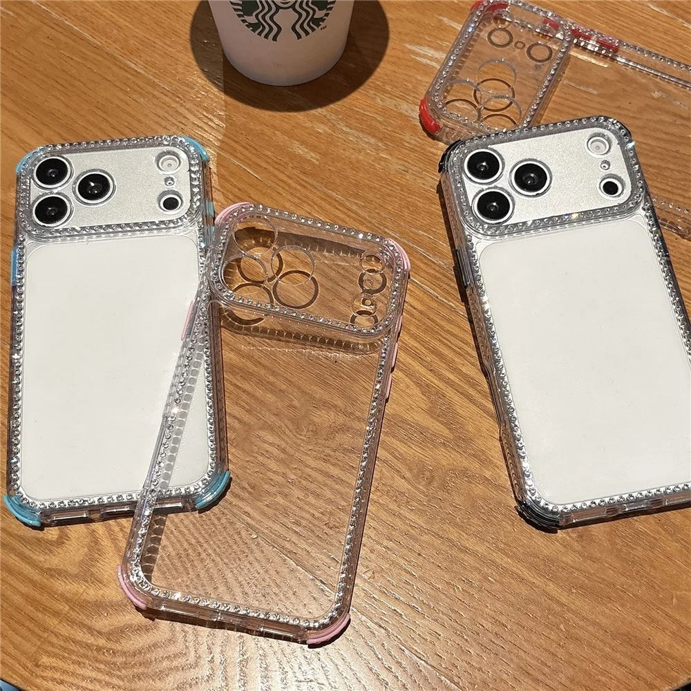 For iPhone 18 Pro / 17 Pro Clear Phone Case with Crystal Rhinestone Decor Transparent PC TPU Shockproof Cover - Black - 6