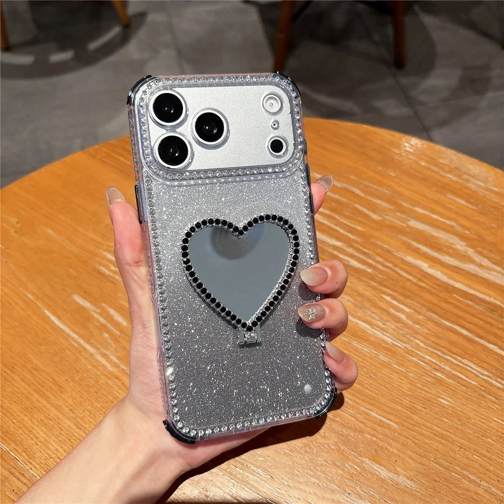 For iPhone 18 Pro Max / 17 Pro Max Case with Heart Shape Kickstand 2 in 1 Rhinestone Glitter PC TPU Shockproof Cover - Black - 1