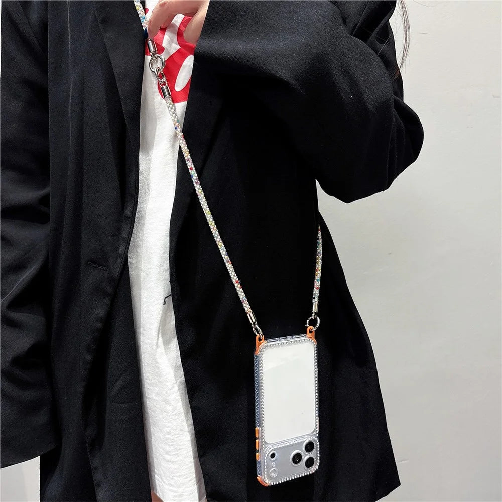 For iPhone 18 Pro Max / 17 Pro Max Clear Phone Case with 70-140cm Colorful Chain Strap Rhinestone Decor PC TPU Shockproof Cover - Orange - 2