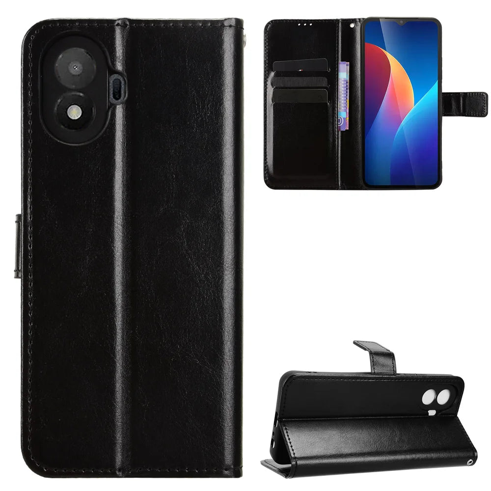 For TCL K70 SE 4G PU Leather Case with Strap Crazy Horse Texture Phone Wallet Cover - Black - 1