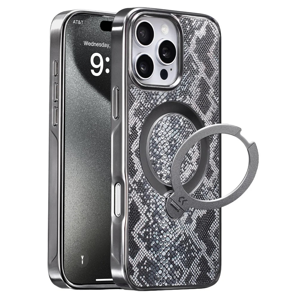 CASEKOO for iPhone 16 Pro Max Magnetic Case Ring Kickstand Shockproof PC + TPU Phone Cover - Snake Texture - 1
